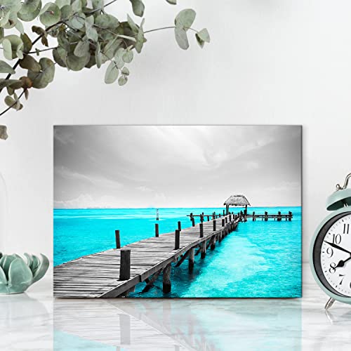 Image of Black and White Coastal Wall Decor Teal Ocean Bathroom Wall Art Mexico Cancun Seascape Canvas Prints Picture Modern Beach Trestle Landscape Artwork 12x16 inch Bedroom Living Room Office Home Decoration