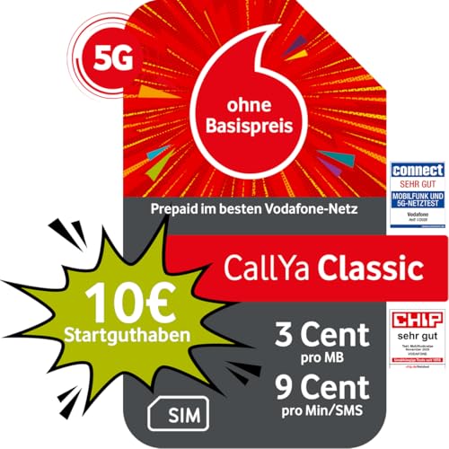 Vodafone Prepaid CallYa Classic | 10 EUR Startguthaben I ohne Vertrag | 5G-Netz | 9 Ct. pro Min/SMS