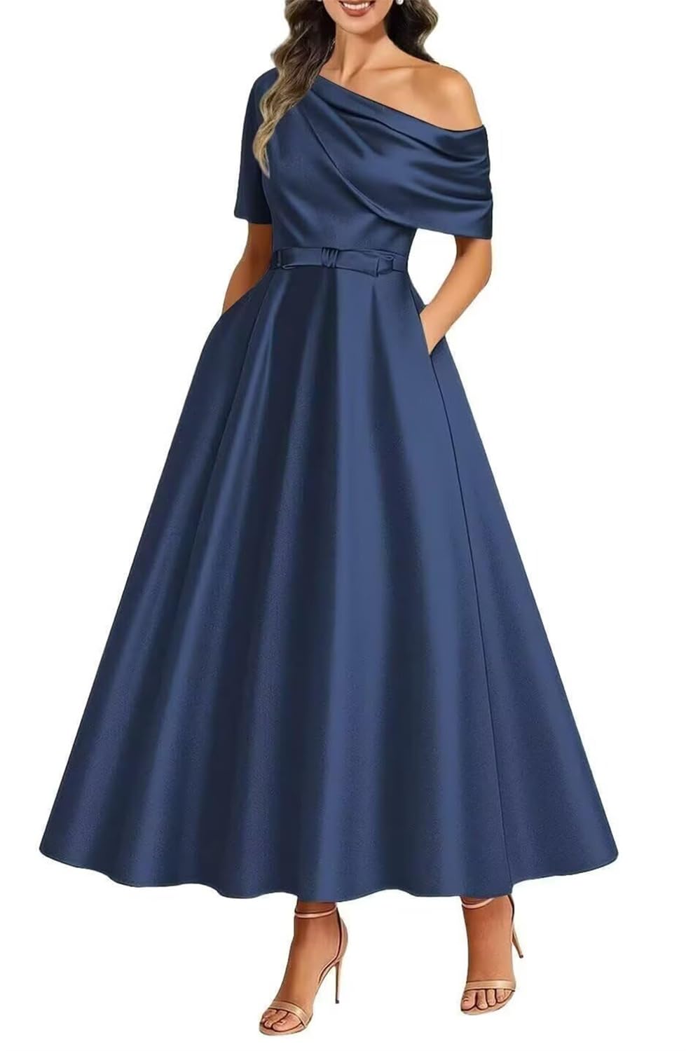 Kiyne Women's Navy Blue Satin Mother Of The Bride Dresses Tea Length For With Pockets A Line Prom Dress Corset Wedding Party Gown Uk12