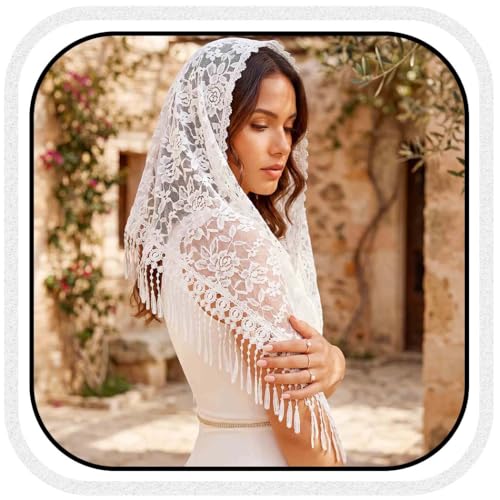 Image of Unsutuo Triangle Mantilla Veil White Lace Chapel Veils with Comb Catholic Mass Head Covering Scarf for Brides and Women