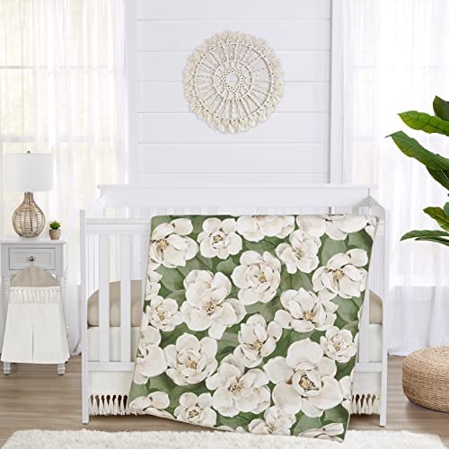 Image of Sweet Jojo Designs Sage Green Boho Flower Floral Girl Baby Crib Bedding Set Infant Nursery Room Blanket Fitted Sheet Skirt Ivory Shabby Chic Bohemian Watercolor Garden Nature Modern Beige Fringe 4pc