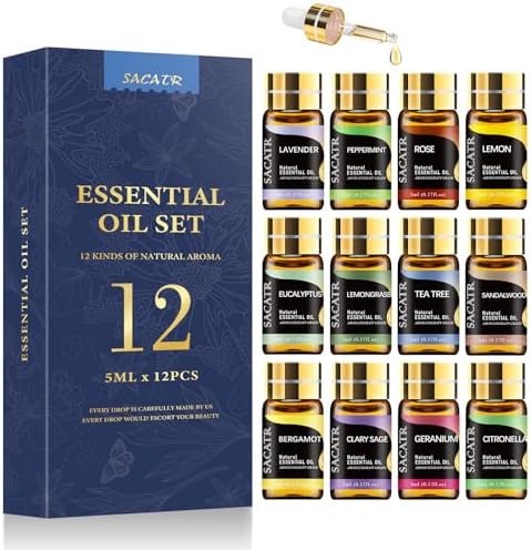 Essential Oils by SACATR Natural Essential Oil Set -12 Essential Oils Gift Set for Diffuser, Massage, Fragrance Oil Scent for DIY Candle and Soap Making (12 * 5ML)