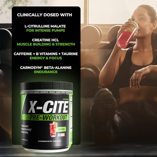 Image of X-CITE Pre-Workout by ATHLEAN-X - Enhanced Formula with Beta-Alanine, Creatine & Caffeine for Ultimate Energy, Endurance, Focus & Muscle Pump, NSF Certified for Sports (Fruit Punch)