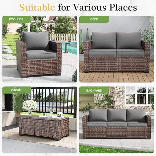 Image of Amopatio Wicker Outdoor Sofa & Patio Couch Set - High Back Waterproof Patio Furniture Single Armrest Chair with Non-Slip Cushions, Outdoor Furniture Cover, Grey