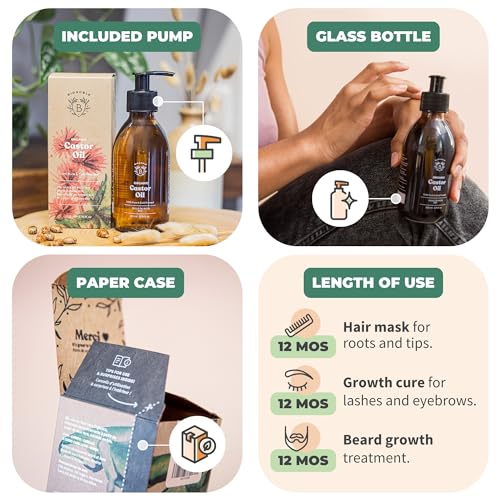 BIONOBLE Organic Castor Oil Cold Pressed - Hexane Free, 100% Natural - Pure Castor Oil Organic for Eyelashes, Hair Growth, Eyebrows, Skin, Face - Glass Bottle and Pump - 500ml - Image 3