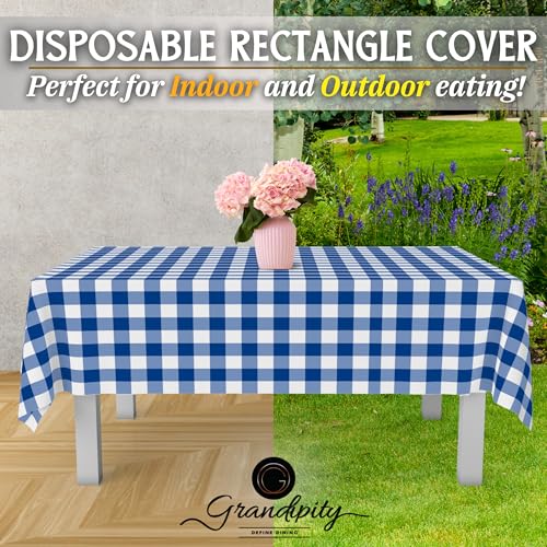 Image of Grandipity Plastic Table Cloth Disposable 12 Pack 54 inch x 108 inch Rectangle | Blue Gingham Plastic table covers, durable disposable tablecloths, fade and tear-resistent table cover for party, event