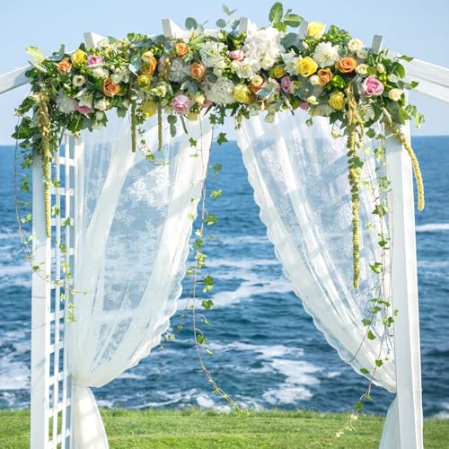 Image of HunnmingRe 2 Panel White Wedding Arch Draping Fabric Summer 30 inch X 18 FT Lace Wedding Arch Drapery Embroidered Boho Rustic Backdrop Vintage Decor for Bridal Shower Church Ceremony Decoration