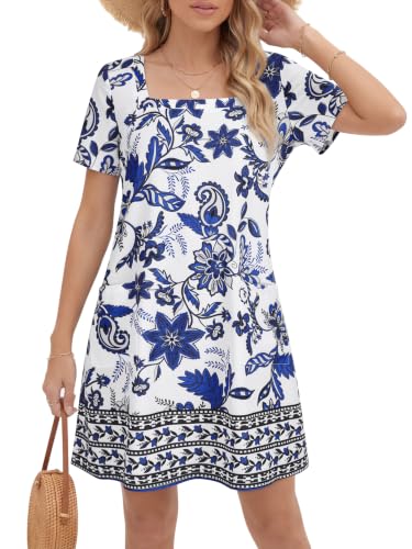 Image of OPOIPIN Women's Floral Print Boho Mini Dress | Summer Square Neck Short Sleeve Beach Vacation Sundresses with Pockets
