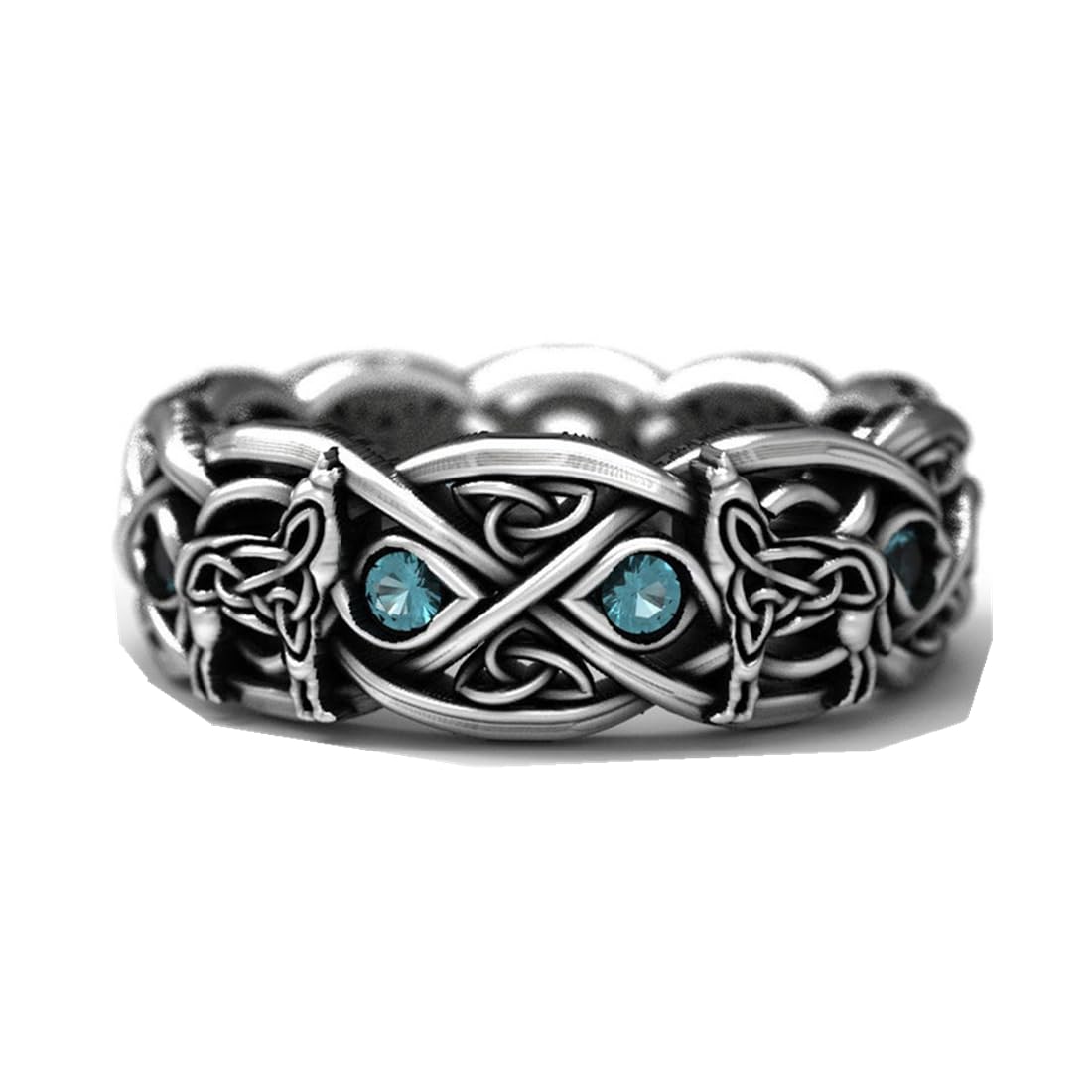 Vintage Celtic Wolf Topaz Cross Ring - Norwegian Viking Wolf Totem Talisman Alloy Punk Unisex Jewelry Gift (Silver, Size 7)