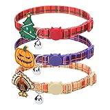 Furryhug Cat Collars for Halloween/ Thanksgiving Day/ Christmas 3 Packs, Soft Adjustable Breakaway Kitty Collars with Bells Quick Release, Plaid Pattern with Pumpkin, Turkey, Christmas Tree Stickers