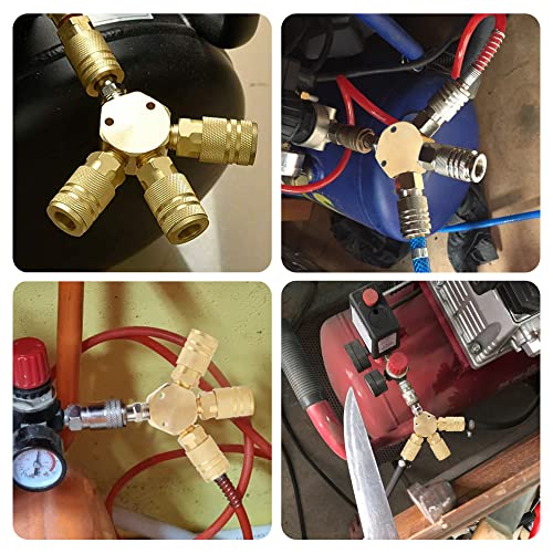 Hynade 3-Way Air Manifold, Flat Hex Manifold 1/4 Inch Npt Air Couplers And Quick Connect Plug, Air Compressor Brass Pneumatic Air Plug Kit(4 Way Out) #TOP5