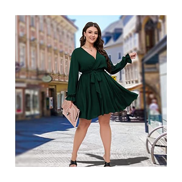 SCOMCHIC-Womens-Plus-Size-Long-Sleeve-Wrap-V-Neck-Tie-Waist-A-Line-Mini-Short-Dress SCOMCHIC Women's Plus Size Dress V Neck Long Sleeve Casual Short Mini Dress Emerald Green Wedding Party Dress 2XL