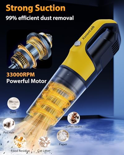 Image of Handheld Vacuum Cordless 1.1 Pounds Car Vac 10000PA Hand Held Vacuums 4-in-1 Hand Vac Cordless Rechargeable HEPA Filter Large Capacity Dust Cup for Car Office Home Pets Hair (Pale Yellow)