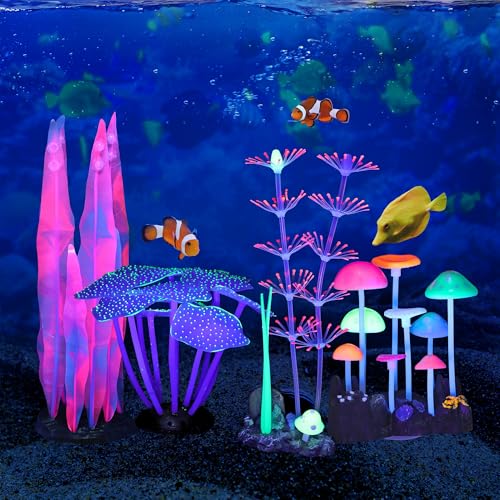 Image of Lpraer 4 Pack Glow Aquarium Decorations Branch Coral Reef Mushroom Seaweed Simulation Glow Plant Glowing Effect Silicone for Fish Tank Decorations