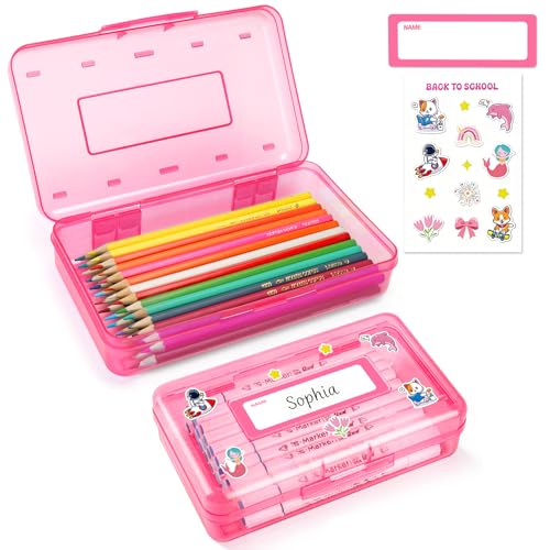 Nuozme Clear Plastic Pencil Box For Girl Boy Personalized Hard Pencil Case For Marker Crayon Stackable School Office Art Supplies Storage Organizer Box Medium Size (Pink)