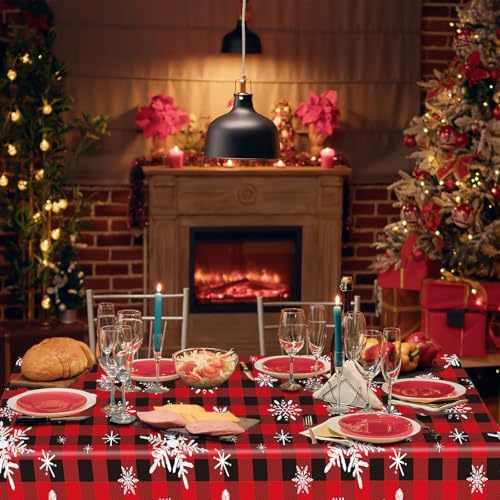 3 Pieces Snowflake Tablecloth Disposable Table Cover - 54"x108" Red and Black Check Table Cloth with Winter Snowflake for Christmas Party Supplies, Seasonal Family Gatherings, and Winter Decorations – Image 5