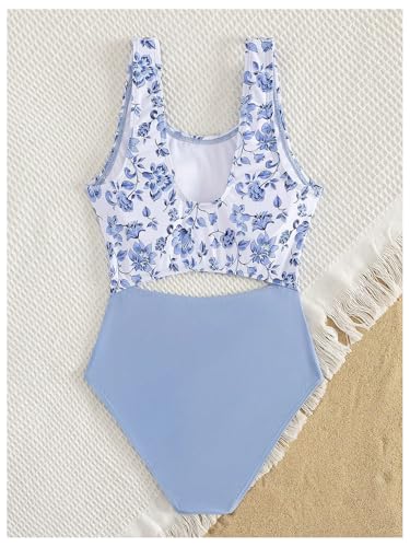 Verdusa Girl's Floral Cut Out One Piece Swimsuit Colorblock Sleeveless Bathing Suit2