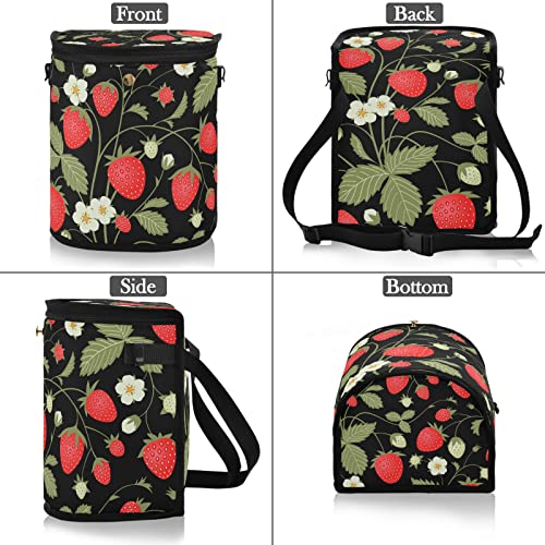 Image of Strawberry Fruit Flowers Leaves Car Trash Can Car Garbage Bag with Lid Hanging Waterproof Leak Proof Vehicle Storage Bin