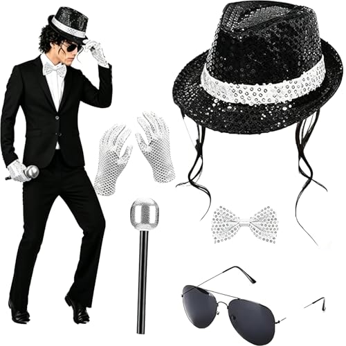 KFSCIP 5-Piece 80s Star Outfit Set Stage Performance and Cosplay Attire Inclub Hat gloves tie sunglasses and microphone for dressing up Retro Theme Party Wear for Dance Events