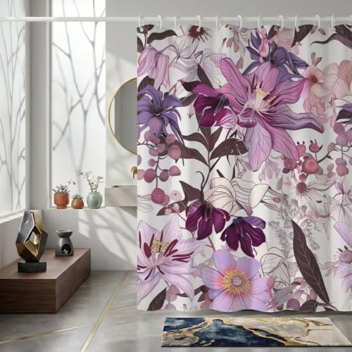 Rideau de douche tissu polyester violet 180x220 lavable accessoires inclus