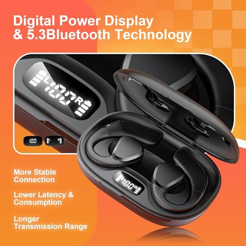 Image of TTQ Open Ear, Open Ear True Wireless Headphones Bluetooth 5.3, Sports with Earhooks & Mic, 60H Playtime, Wireless Charging Case & LED Display, Waterproof for Running, Workout、
