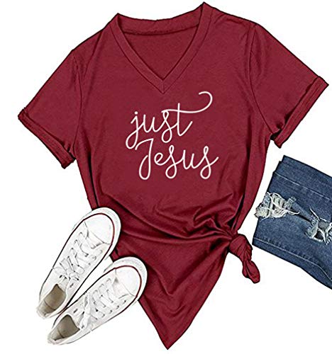 DANVOUY Women's V Neck T Shirt Letter Print Short Sleeve Graphic Tops Tees Wine Red Large
