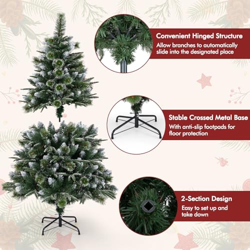 COSTWAY 5FT/6FT Pre-Lit Christmas Tree, Hinged Artificial Xmas Tree with 140/210 LED Lights, 476/856 Branch Tips and 9 Lighting Modes, Office Home Holiday Decoration Tree (5FT) - Image 4