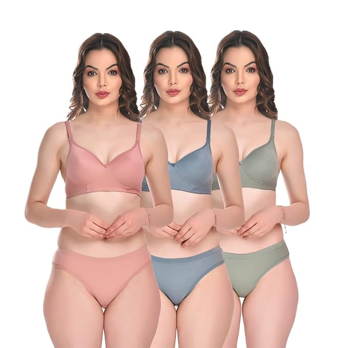 qoxolyz Women Lingerie Set Full with Coverage Padded Women Cotton Bra Panty Set Sexy Bra Panty Set Women Innerwear Pack of 3 Sets-picture-33