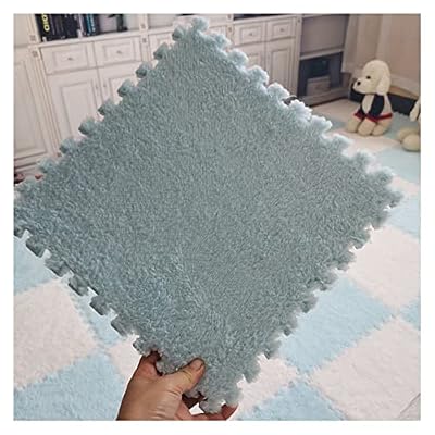 DSJBGSS Playmat 16 Pieces Plush Puzzle Foam Floor Mat Tiles with Border, Square Interlocking Carpet, Fluffy Area Rug Puzzle Playmat for Parlor Bedroom(Lightblue,30x1cm)