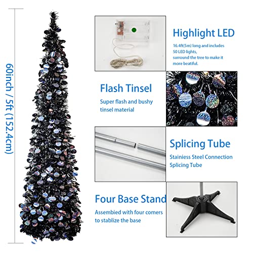 Black Halloween Christmas Tree With 50 Lights,5Ft Pop Up Artificial Collapsible Pencil Tinsel Trees For Bedroom Decorations Holiday Party Wokeise #TOP3