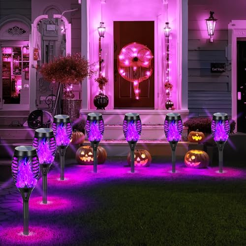 AOUNQ Purple Halloween Solar Lights Outdoor with Flickering Flame, 10 Pack | Halloween Decorations Solar Torch Lights, Waterproof Solar Halloween Lights Tiki Torches for Outside Patio Pathway Yard Decor - image 9