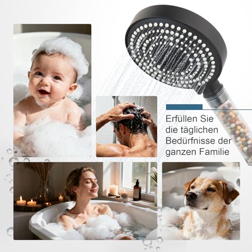 OFFO Duschset mit Filter, Duschkopf gegen Kalk, flexibel, 1,6 m, 6 Modi, Hochdruckstrahl, transparenter Griff, Schwarz