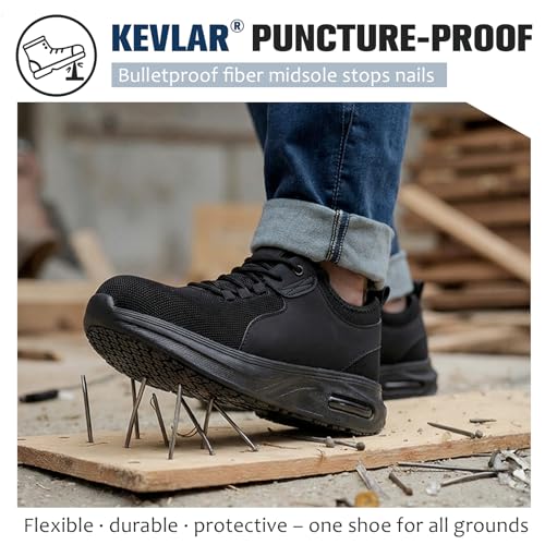 Image of Wide Non Slip Steel Toe Shoes for Men Women,Waterproof Lightweight Safety Sneakers,Puncture Proof Indestructible Construction Work Shoes for Warehouse Factory Zapatos Punta de Acero para Hombres Black