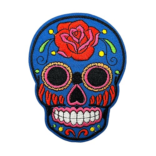 Parche Bordado Ropa Termoadhesivo con Diseño de Calavera Azul Mexicana del Día de los Muertos (7 x 10 cm)