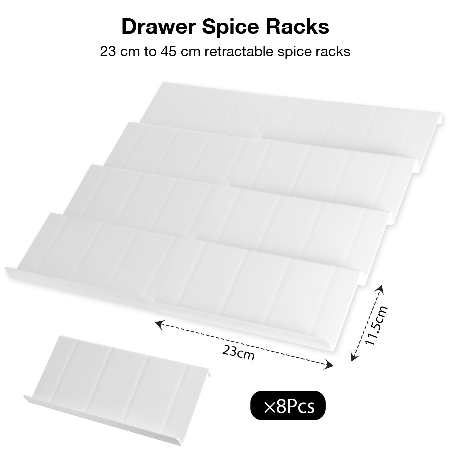 VINATO Organizador de Especias para Cajones Cocina, 8pcs Ajustable, Estante Extraíble para Especieros, Perfumes, Maquillaje, Blanco