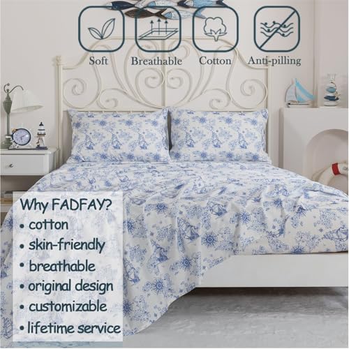 Image of FADFAY Premium 100% Cotton Nautical Sheet Set King - Coastal Blue & White Sailing Ship Bed Sheets, Vintage Maritime Map Print, Soft Breathable Deep Pocket Bedding, 4 Piece Set