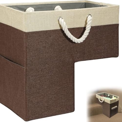Bigking茶色の16インチ折りたたみ式階段収納ボックス。ロープハンドルと滑り止め加工が施されており、衣類、おもちゃ、本、工具などを収納できます。 (茶色)