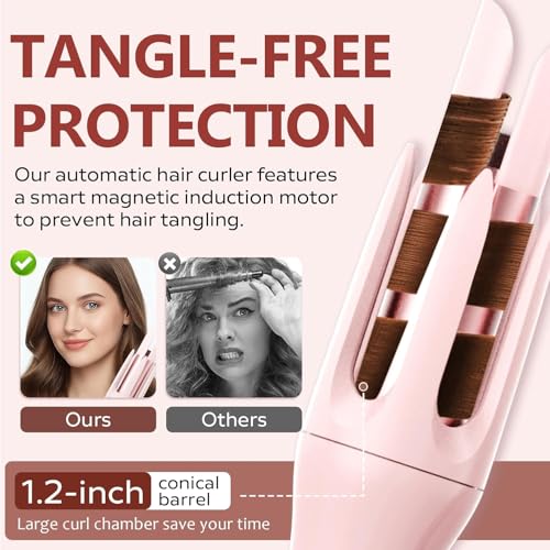 Image of Auto Hair Curler, Automatic Curling Iron Wand with 4 Temperatures & 3 Timers & LCD Display (Light Pink)
