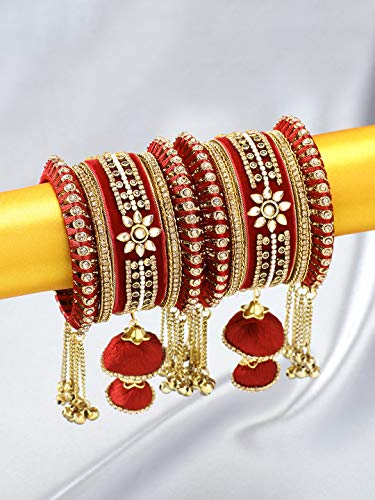 Image of Peora Velvet Matching Kundan Floral Silk Thread Chura Maroon Bangle Set Gift for Women, 2.8 Inch