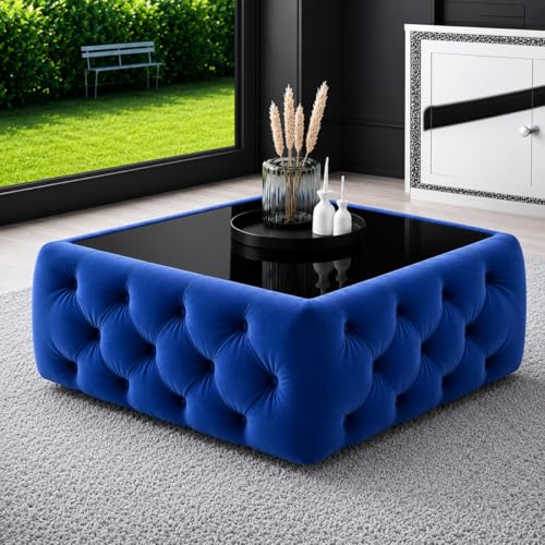Image of Premium Tufted Upholstered Coffee Table with Mica Top - Modern Square Ottoman Center Table, Soft Velvet Finish, Luxury Living Room Furniture - 30 x 30 x 18 Inch (Royal Blue)
