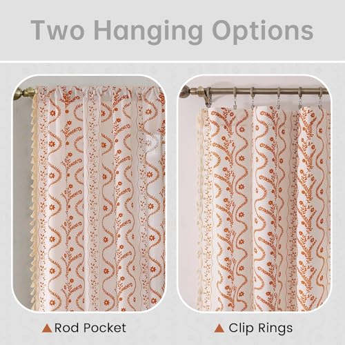 Image of Short Cafe Curtains for Small Window 45 Inch 2 Panels,Beige Floral Terracotta Boho Kitchen Curtain,Mid Century Bedroom Drapes with Tassel Decor,Beige and Rust Orange