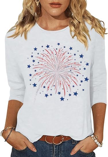 3/4 Sleeve USA Patriotic Shirts for Women 4th of July...