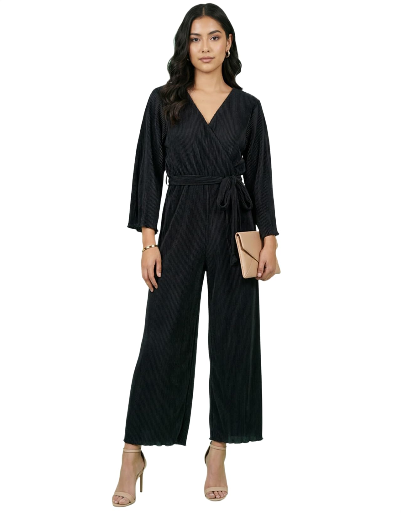 moomaya Women's Satin Plisse Wrap Front Jumpsuit - Pleated V-Neck Wide Leg One-Piece With Waist Tie Belt - Elegant Party & Summer Wear-picture-45