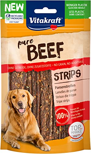 Vitakraft Pure Beef Strips, snack cane, strisce di trippa di manzo, snack per l’addestramento del cane, senza zuccheri aggiunti (1x 80g)