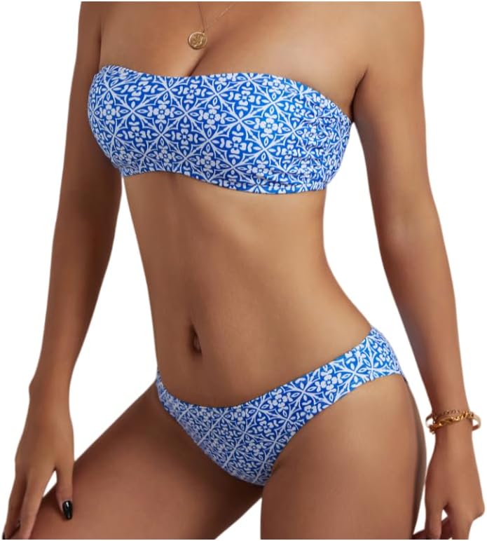 Women's Two-Piece Bikini Swimsuit with Vintage Oil Painting Print Bandeau Top Soft Beach Vacation Swimwear
