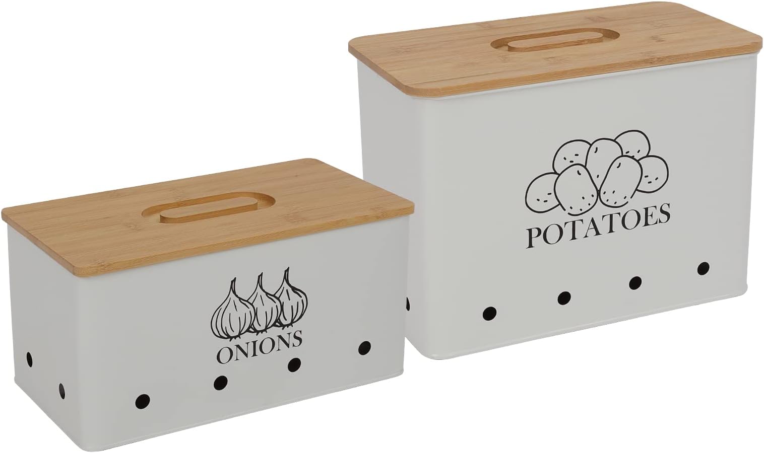 Potato Onion Storage Box, Food Container Sets, Storage Canisters for Vegeatables, Set of 2 Jars Pots Containers, Potato & Onion Bin with Aerating Tin Storage Holes & Bamboo Lid-White