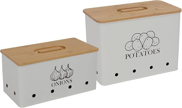 Xbopetda Potato Onion Storage Box, Food Container Sets, Storage Canisters for Vegeatables, Set of 2 Jars Pots Containers, Potato & Onion Bin with Aerating Tin Storage Holes & Wooden Lid-White