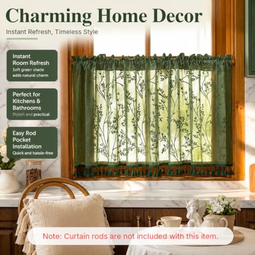 Image of HASTHIP Boho Tassels Window Valance Floral Farmhouse Kitchen Curtain
