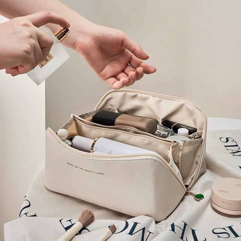 Miniatura 3 de Bolsa de maquillaje, bolsas de cosméticos de gran capacidad para mujeres, bolsa portátil impermeable, bolsa de aseo plana abierta, organizador de