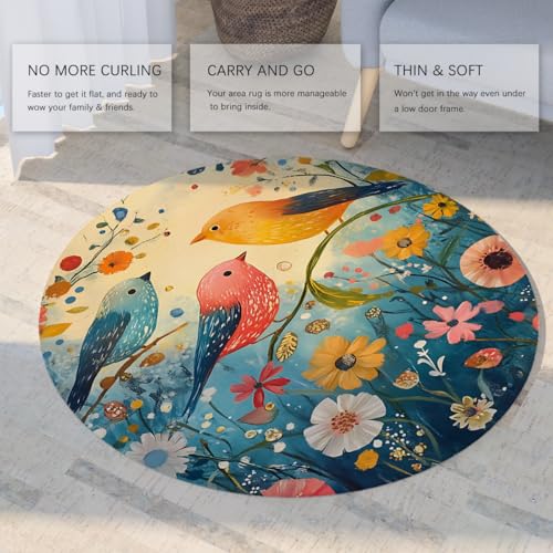 Tapis rond bohème 80cm oiseaux et fleurs lavable et antidérapant - 5